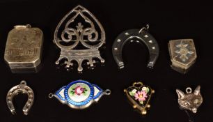 Iona silver brooch, silver locket depicting a horse jumping, two horseshoe charms, fox charm, etc
