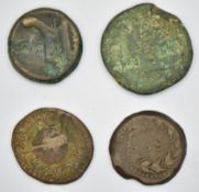 Four Roman copper /bronze coins including Tiberius, smallest diameter 25mm, largest 30mm