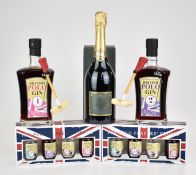 Two bottles of hand crafted British Polo Gin comprising sloe gin and strawberry and rose both with