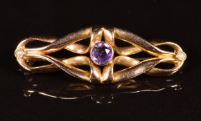 Victorian / Edwardian 9ct gold knot brooch set with amethyst and seed pearls, length 4.1cm, 3.6g