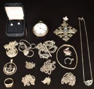 A collection of silver jewellery including Jerusalem pendant, St Christopher, signet ring, chains,