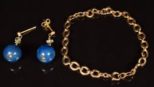 A 9ct gold bracelet, length 18cm, 5.2g and a pair of 9ct gold earrings set with sodalite