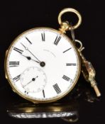 Baume 18ct gold open faced pocket watch with inset subsidiary seconds dial, black Roman numerals,