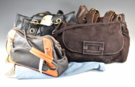 Four handbags comprising a dark brown suede example with LKB to inner pocket, Osprey brown and