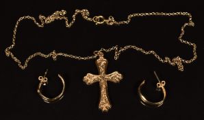 A 9ct gold cross, a 9ct gold chain and a pair of 9ct gold earrings, 2.7g