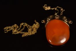 A 9ct gold pendant set with amber on 9ct gold chain, 8.5g