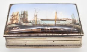 Silver snuff or pill box with enamel decoration of sailing ships in harbour, marked 925, width 5cm
