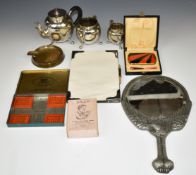 Silver plated and other metalware including Dannark mirror, hallmarked silver mounted desk