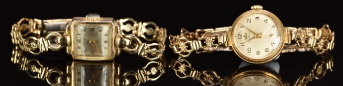 Two 9ct gold ladies wristwatches Marvin on 9ct gold bracelet (15g) and Rotary on gold plated