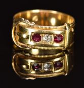 Late Victorian 18ct gold buckle ring set with a diamond and rubies, Birmingham 1890, maker White &
