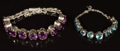 Two silver bracelets, one set with synthetic purple sapphires and one zircon