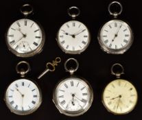 Six silver open faced pocket watches including Kendall of Portland, each with Roman numerals,
