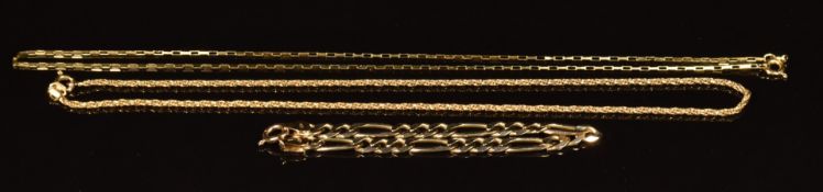 Two 9ct gold chains and a 9ct gold curb link bracelet, 14.2g