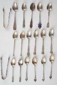 Fifteen hallmarked silver teaspoons, 800 grade silver spoon and two sets of sugar tongs, weight 239g
