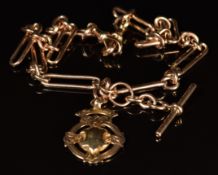 A 9ct rose gold double albert watch chain, with attached fob, Birmingham 1919, length 27cm, 58.8cm