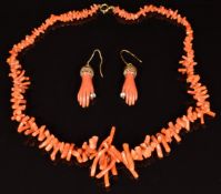 Victorian pair of earrings in the form of a hand set with coral and paste, and a coral necklace