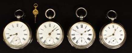 Four hallmarked silver open faced pocket watches J B Yarbsley of London, H Pidduck & Sons of