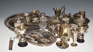 Silver plated ware including large trays, trophy cups, cutlery etc, diameter of largest tray 39cm