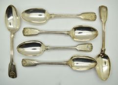 Set of six William IV/Victorian hallmarked silver Fiddle Thread and Shell pattern table spoons, five