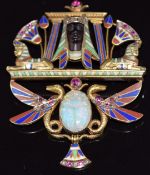 Art Deco 18ct gold Egyptian Revival pendant / brooch set with rubies, rose cut diamonds, carved opal
