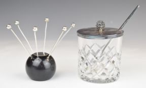 Silver lidded cut glass pickle of similar pot with spoon, height of pot 10cm, spoon and lid marked