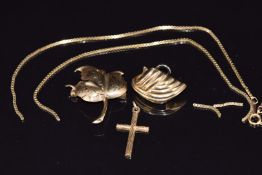 A 9ct gold cross, 9ct gold sections of chain, 9ct gold earring and 9ct gold brooch, 10.7g