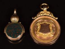 A 9ct gold fob (6.6g), and 9ct rose gold swivel fob, 3.8g all in