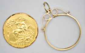 1887 Queen Victoria double sovereign, with mount, 17.72g