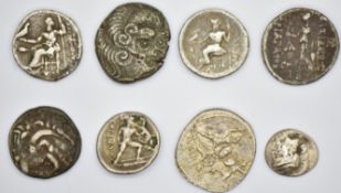 Eight Ancient Greek silver coins to include Macedon Alexander I,  one struck c130 BC and a small