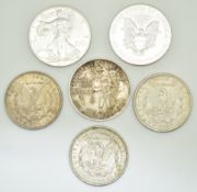 Six American silver coins comprising two 1oz Liberty dollars, Apollo 11 commemorative coin and 1878,