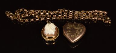 Victorian 9ct rose gold necklace with barrel clasp, 9ct gold Victorian heart locket with bird