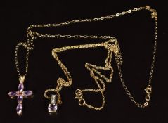 Two 9ct gold pendants set with amethysts, both on 9ct gold chains, 3g