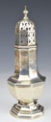 George V hallmarked silver sugar caster of octagonal form, Birmingham 1938, maker William Hutton &
