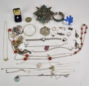 A collection of silver jewellery including earrings, chains, bracelet, rings, 9ct gold earrings (0.