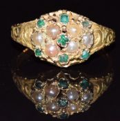 A c1900 15ct gold ring set with seed pearls and paste with engraved decoration to the shoulders, 2.