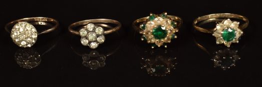 Four 9ct gold and silver rings set with paste