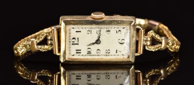 Art Deco 9ct gold ladies wristwatch with blued hands, Arabic numerals, silver dial and 15 jewel