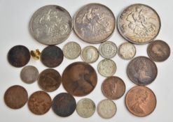 Three Queen Victoria crowns, 1890 and 1897 dates, together with further sundry coins and a gold