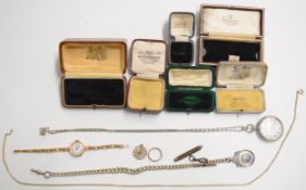 Six antique/ vintage jewellery/ watch boxes, silver fob watch, rolled gold watch, silver ring,