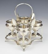 Edward VII hallmarked silver four place egg set on stand with spoons, London 1906, maker C S