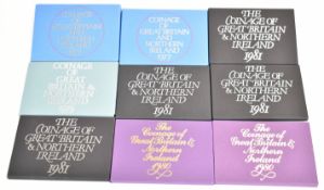 Nine Royal Mint coin sets including 1977, 1979, 1980 and 1981