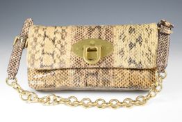 Mulberry clutch bag in python leather with brass hardware and gold chain strap, 26 x 14cm
