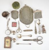 Hallmarked silver items including Scottish thistle pickle fork, small photograph frames and silver