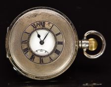 Unnamed hallmarked silver keyless winding half hunter pocket watch with subsidiary seconds dial,