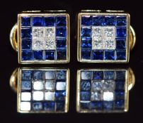A pair of Janetti 18ct gold earrings, each set with four princess cut diamonds surrounded by