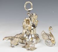 Dutch silver mounted table bell, novelty salt formed as a swan, marked 835, model of a bird,
