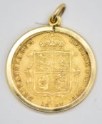 1887 Queen Victoria gold half sovereign, jubilee head, shield reverse, in mount