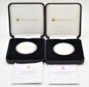 Jubilee Mint two commemorative £5 proof silver coins for Queen Elizabeth II, in cases with
