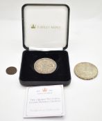 Cased 1889 Queen Victoria double florin together with a 1935 George V crown and 1844 half farthing