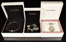 Pandora silver charm bracelet with five silver Pandora charms, a pair of Pandora earrings, Pandora